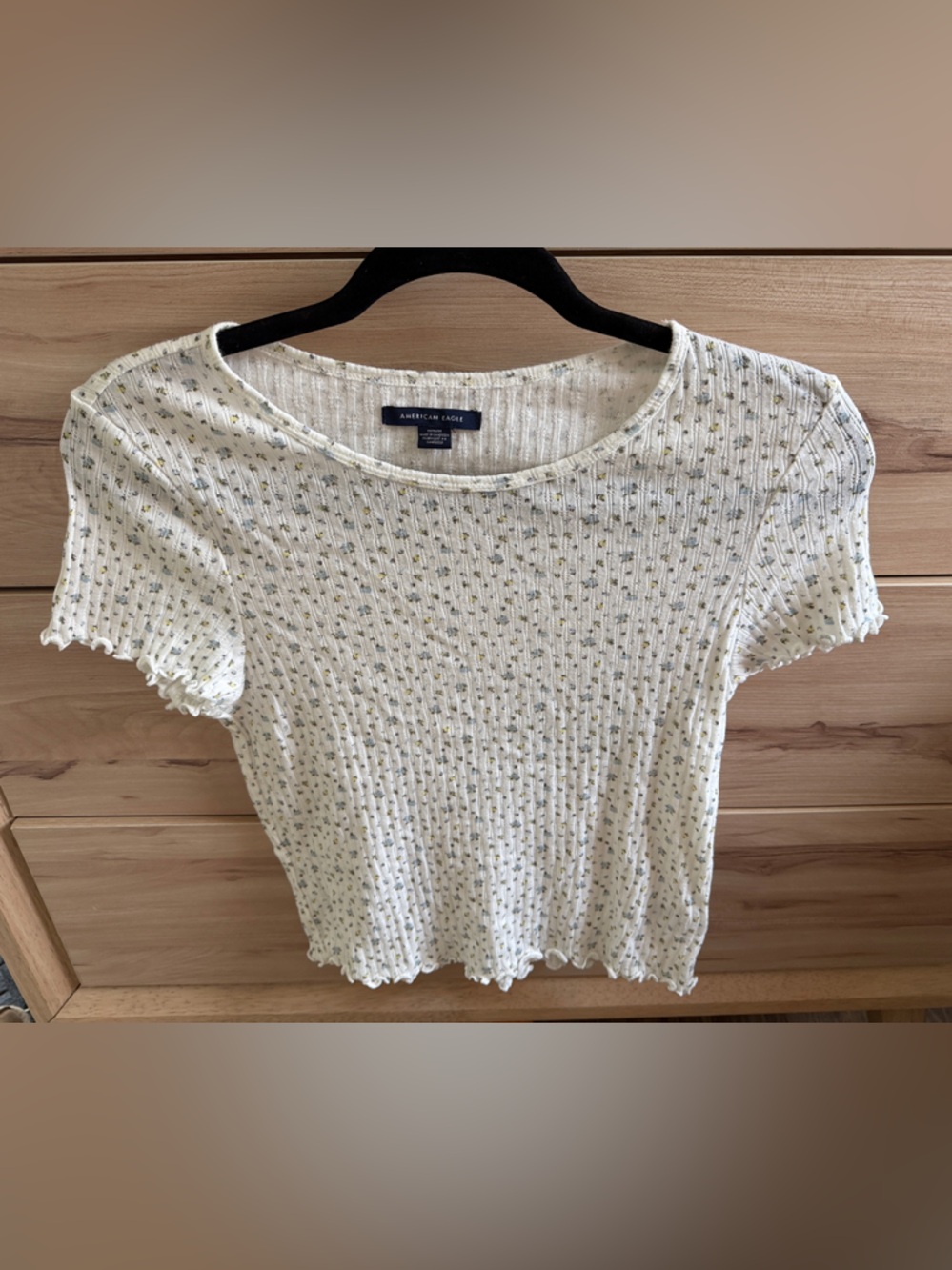 American Eagle Outfitters Cream Ribbed Short Sleeve Top with Micro Floral Print